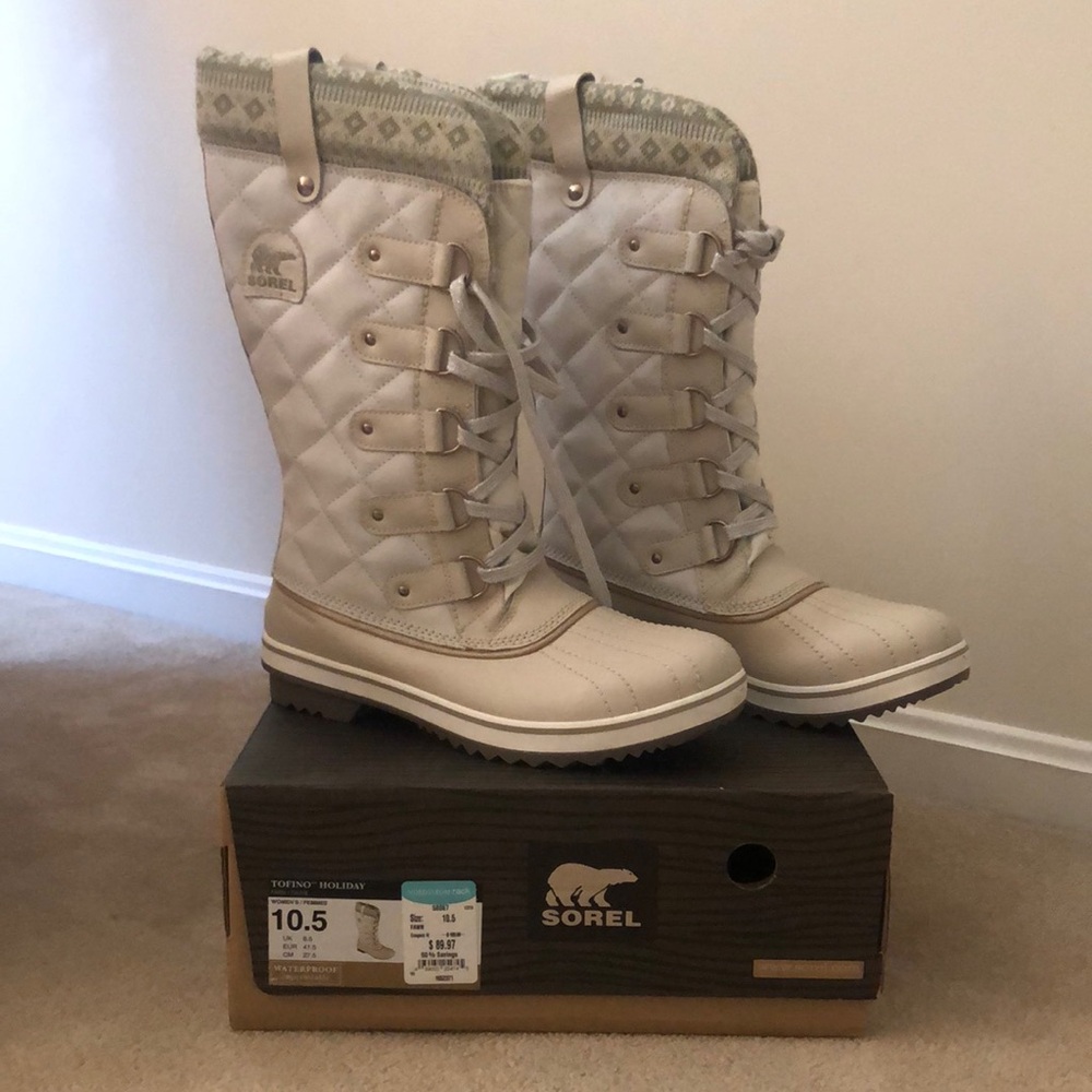 Sorel Cream Winter Rain Boots Quilted Lace-Up